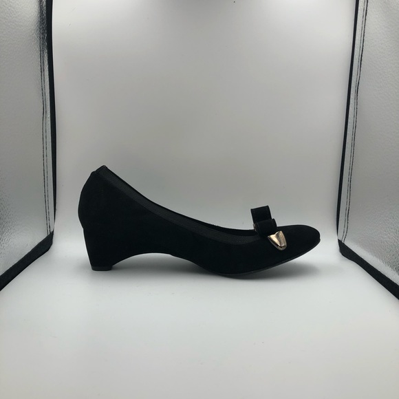 Stuart Weitzman Black Suede Silver Bow Derail Wedges Sz 9 - Picture 8 of 11